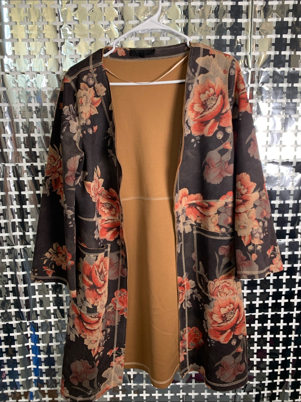 Monarc Floral Open-Front Trench Coat in Black with Coral Roses